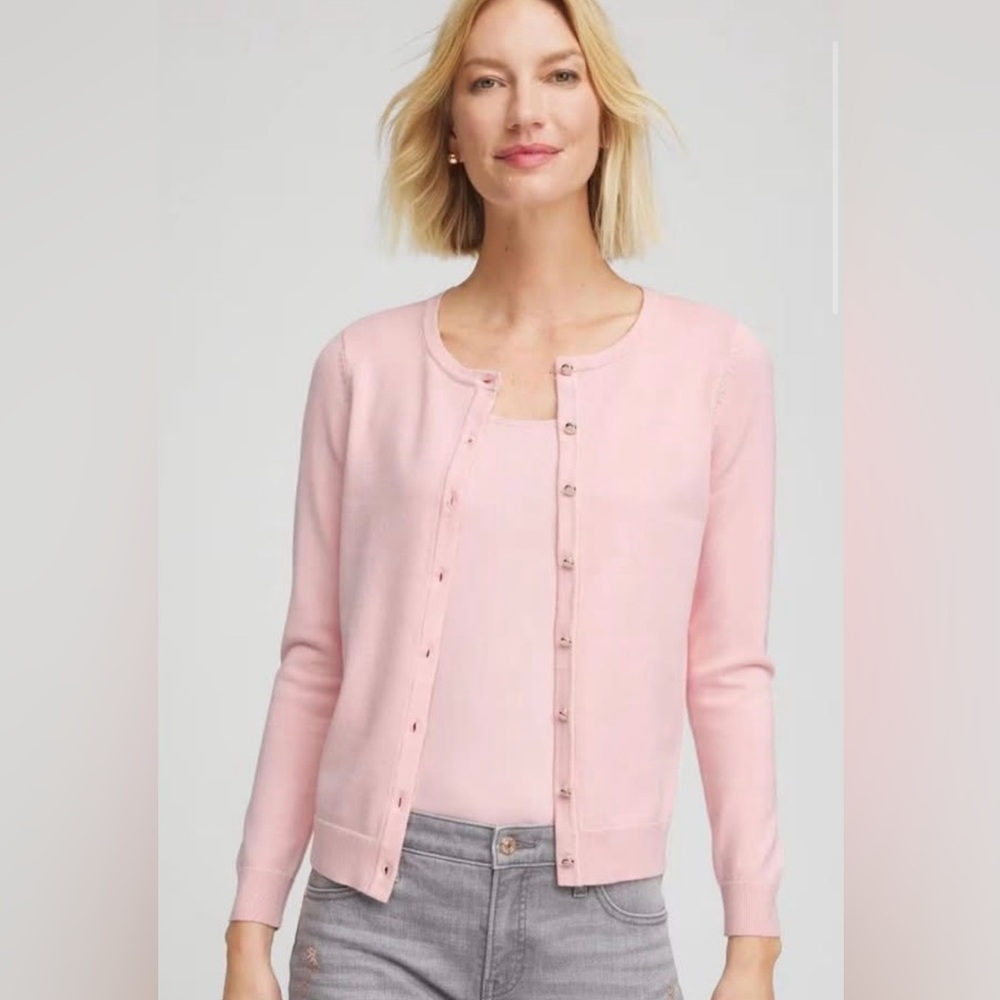 CHICOS CREWNECK CARDIGAN SIZE CHICOS 2 MISSES MEDIUM /12 IN PINK NWT!